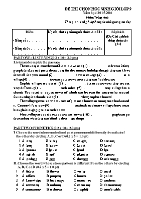 Đề thi chọn học sinh giỏi môn Tiếng Anh 9 - Năm học 2015-2016 (Có đáp án)